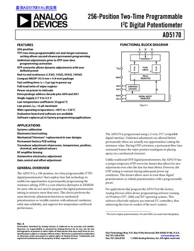 ANALOG DEVICES 256-Position Two-Time Programmable I 2 C Digital Potentiometer AD5170 handbook (1)(1) - cover page