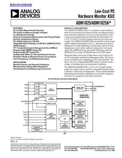 Analog Devices ADM1025/ADM1025A Low-Cost PC Hardware Monitor ASIC Datasheet - cover page