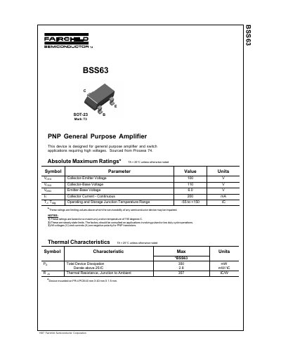 Fairchild Semiconductor BSS63 PNP General Purpose Amplifier Datasheet - cover page