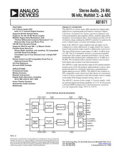 Analog Devices AD1871 Stereo Audio ADC Datasheet