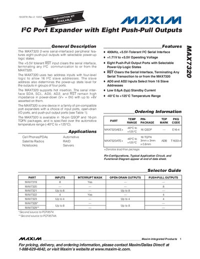 Maxim MAX7320 PC Port Expander Datasheet - cover page