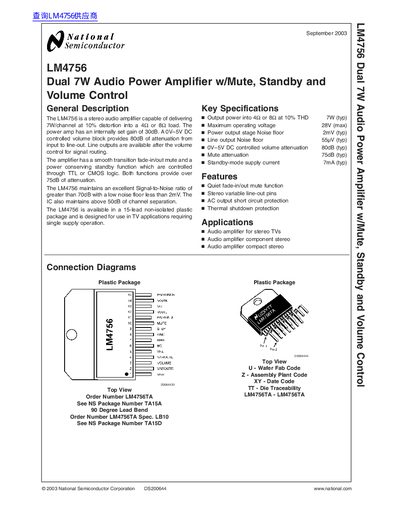 National Semiconductor LM4756 Dual 7W Audio Power Amplifier Datasheet - cover page