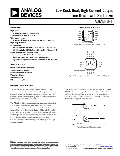 Analog Devices ADA4310-1 Line Driver Datasheet - cover page