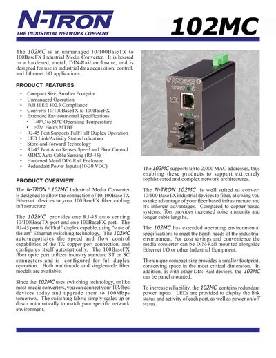 N-TRON 102MC Industrial Media Converter Product Leaflet - cover page