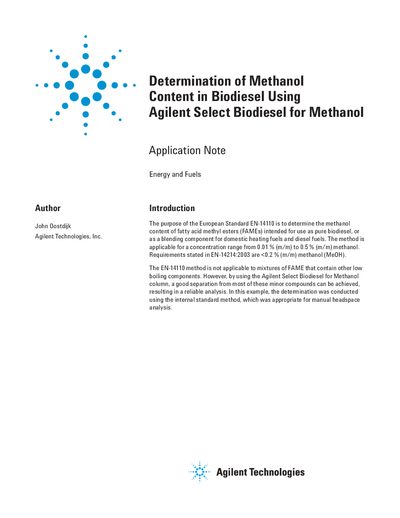 Agilent Select Biodiesel for Methanol Application Note - cover page