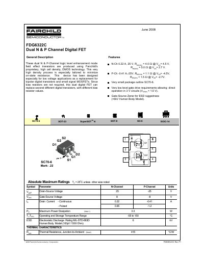 Fairchild Semiconductor FDG6322C Dual N & P Channel Digital FET Datasheet - cover page