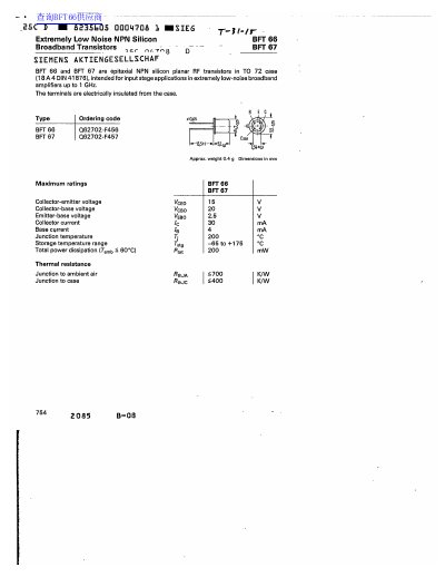 Siemens BFT 66/67 Extremely Low Noise NPN Silicon Broadband Transistors Datasheet - cover page