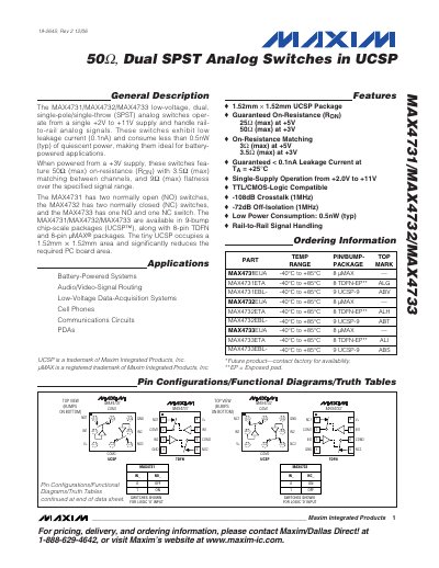 Maxim MAX4731/MAX4732/MAX4733 Dual SPST Analog Switch Datasheet - cover page
