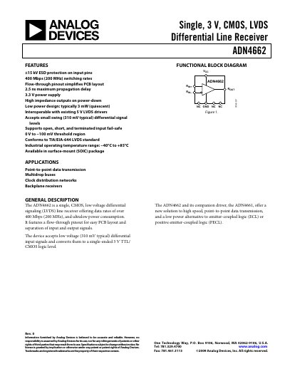 Analog Devices ADN4662 LVDS Differential Line Receiver Datasheet - cover page