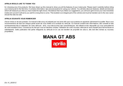 aprilia 894143 Mana GT ABS USA-CDN Ed.01_2012 Manual - cover page