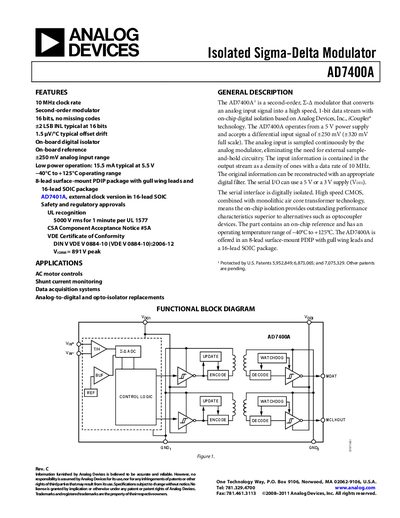 Analog Devices AD7400A Datasheet Rev C - cover page