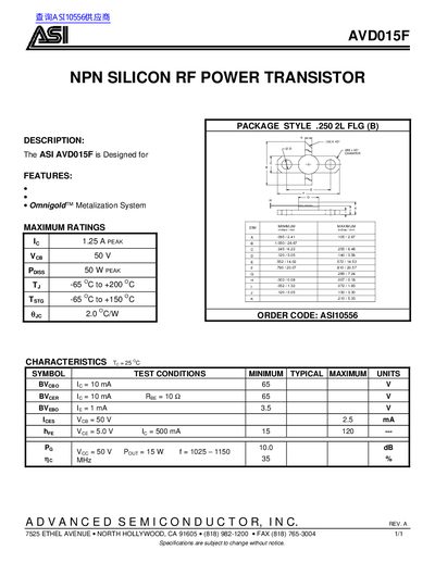 ASI AVD015F NPN Silicon RF Power Transistor Datasheet - cover page