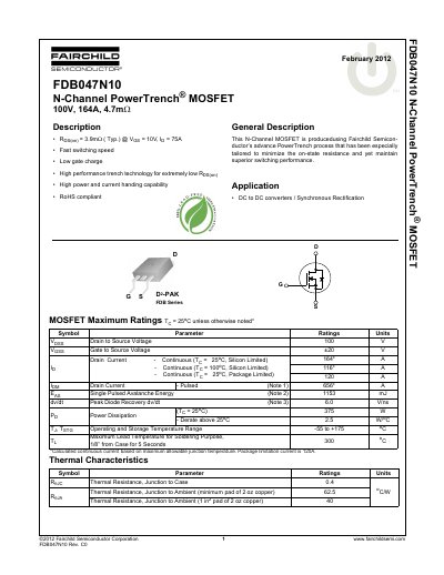 Fairchild FDB047N10 N-Channel MOSFET Datasheet - cover page