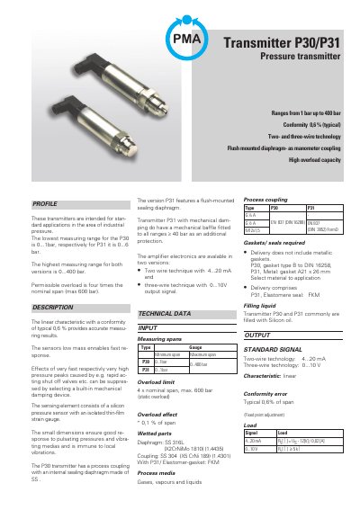 PMA P30/P31 Pressure Transmitter Technical Data - cover page