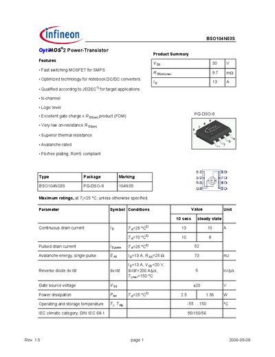 Infineon BSO104N03S Power MOSFET Datasheet - cover page