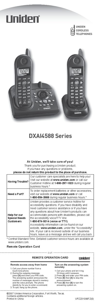 Uniden DXAI4588 Series Cordless Telephone User Manual - cover page