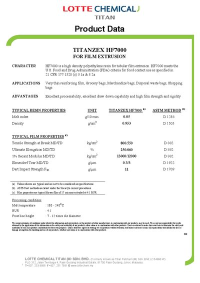 Lotte Chemical Titan HF7000 High Density Polyethylene Resin Data Sheet - cover page