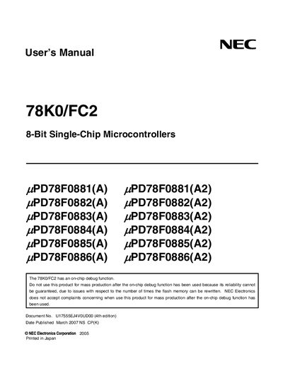 NEC PD78F0881(A)/ PD78F0881(A2)/ PD78F0882(A)/ PD78F0882(A2)/ PD78F0883(A)/ PD78F0883(A2)/ PD78F0884(A)/ PD78F0884(A2)/ PD78F0885(A)/ PD78F0885(A2)/ PD78F0886(A)/  - cover page