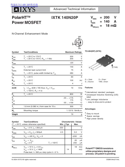 IXYS IXTK 140N20P Power MOSFET Datasheet - cover page