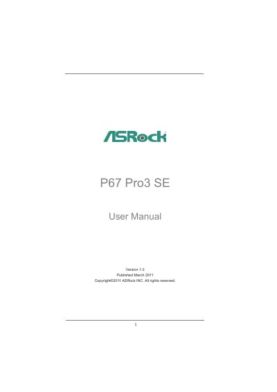 ASRock P67 Pro3 SE User Manual - cover page
