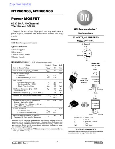 ON Semiconductor NTP60N06/NTB60N06 Power MOSFET Datasheet