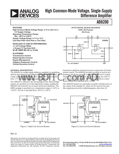 Analog Devices AD8200 Difference Amplifier Datasheet - cover page