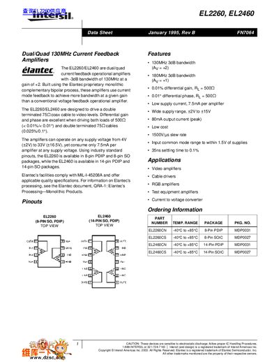 Intersil EL2260/EL2460 Dual/Quad 130MHz Current Feedback Amplifiers Datasheet - cover page