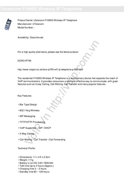 UTstarcom F1000G Wireless IP Telephone Product Leaflet
