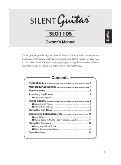 Yamaha SLG110S Silent Guitar Owner's Manual