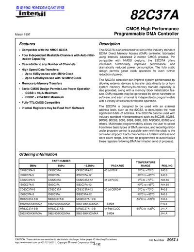 Intersil 82C37A CMOS High Performance Programmable DMA Controller Datasheet - cover page