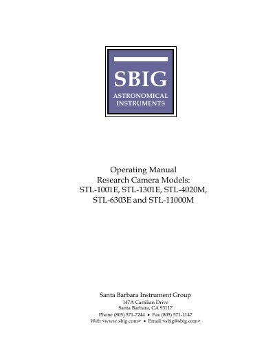 Santa Barbara Instrument Group Research Camera Models: STL-1001E STL-1301E STL-4020M STL-6303E STL-11000M Operating Manual - cover page