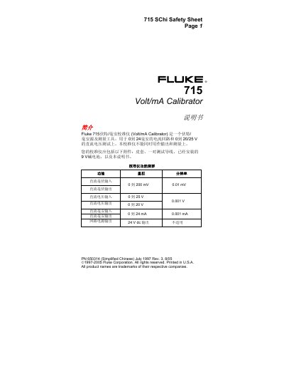 Fluke 715 Volt/mA Calibrator User Manual - cover page