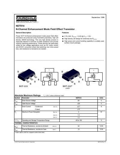 Fairchild Semiconductor NDT014 N-Channel Enhancement Mode Field Effect Transistor Datasheet - cover page