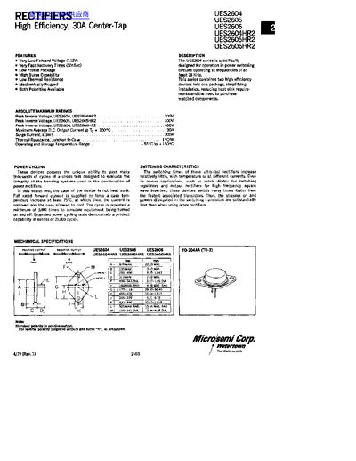 Microsemi UES2604 Series Rectifier Datasheet - cover page