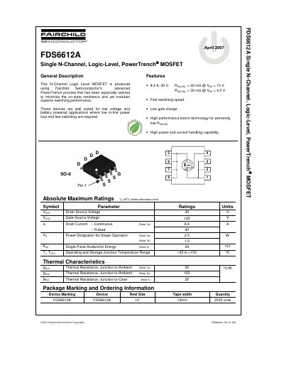 Fairchild Semiconductor FDS6612A Single N-Channel Logic-Level PowerTrench MOSFET Datasheet - cover page