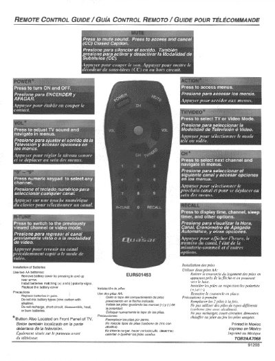 Panasonic EUR501453 Remote Control Guide - cover page
