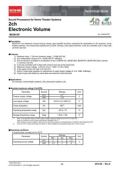 ROHM BD3812F Audio Volume IC Datasheet - cover page