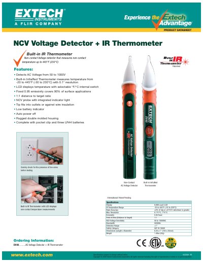 EXTECH DV40 NCV Voltage Detector + IR Thermometer Product Datasheet - cover page