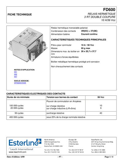 Esterline FD600 Hermetic Relay Datasheet - cover page