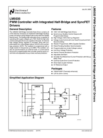 National Semiconductor LM5035 PWM Controller Datasheet - cover page