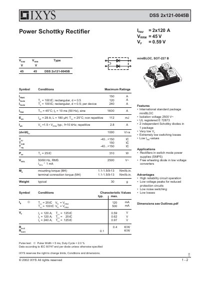 IXYS DSS 2x121-0045B Power Schottky Rectifier Datasheet - cover page