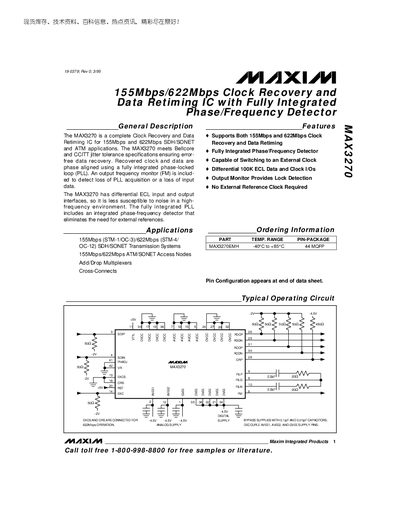 Maxim MAX3270 Clock Recovery and Data Retiming IC Datasheet - cover page