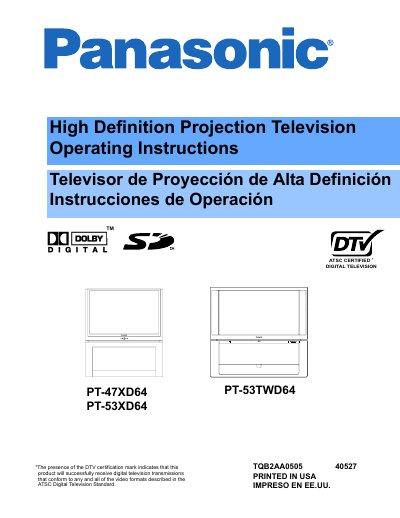 Panasonic PT-47XD64/PT-53XD64/PT-53TWD64 Projection Television Operating Instructions - cover page