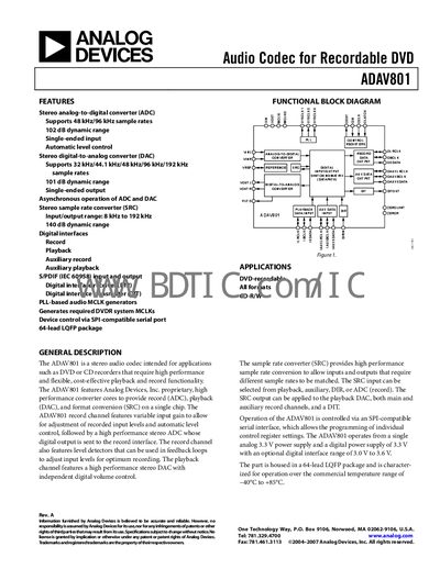 Analog Devices ADAV801 Audio Codec Datasheet - cover page