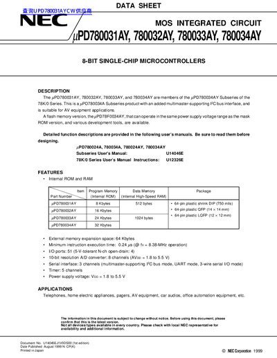 NEC PD780031AY 780032AY 780033AY 780034AY handbook - cover page