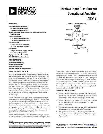 Analog Devices AD549 Operational Amplifier Datasheet Rev H - cover page