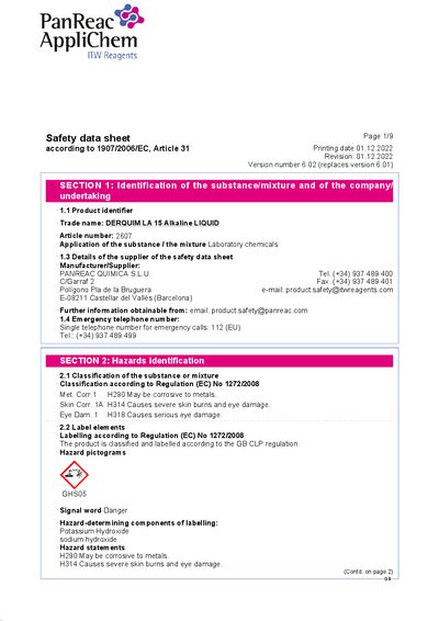DERQUIM LA 15 Alkaline LIQUID Safety Data Sheet - cover page
