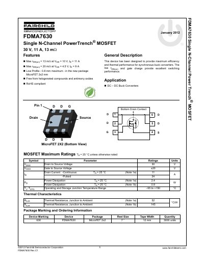 Fairchild FDMA7630 Single N-Channel PowerTrench MOSFET Datasheet - cover page