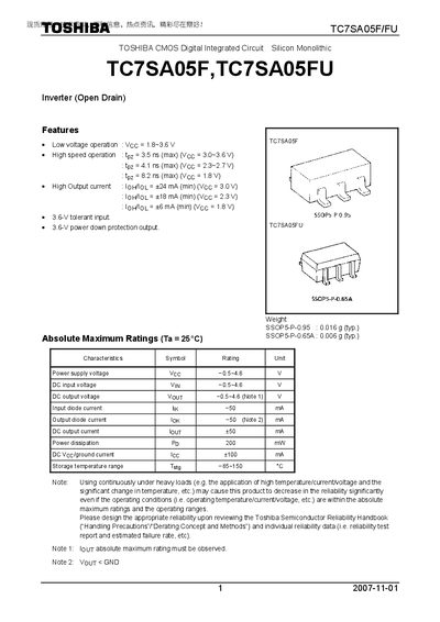Toshiba TC7SA05F/TC7SA05FU Datasheet - cover page