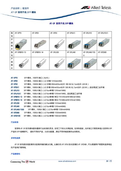 Allied Telesis AT-SP Series Giga SFP Module Selection Guide - cover page